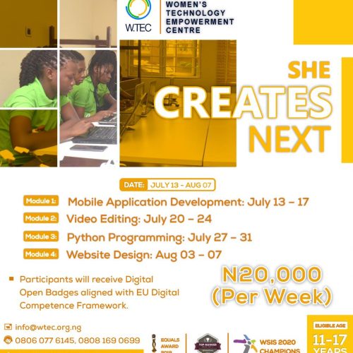 13 Jul –  07 Aug  2020, You Should Sign Your Girl-Child up for W.TEC’s She Creates Next – 2020